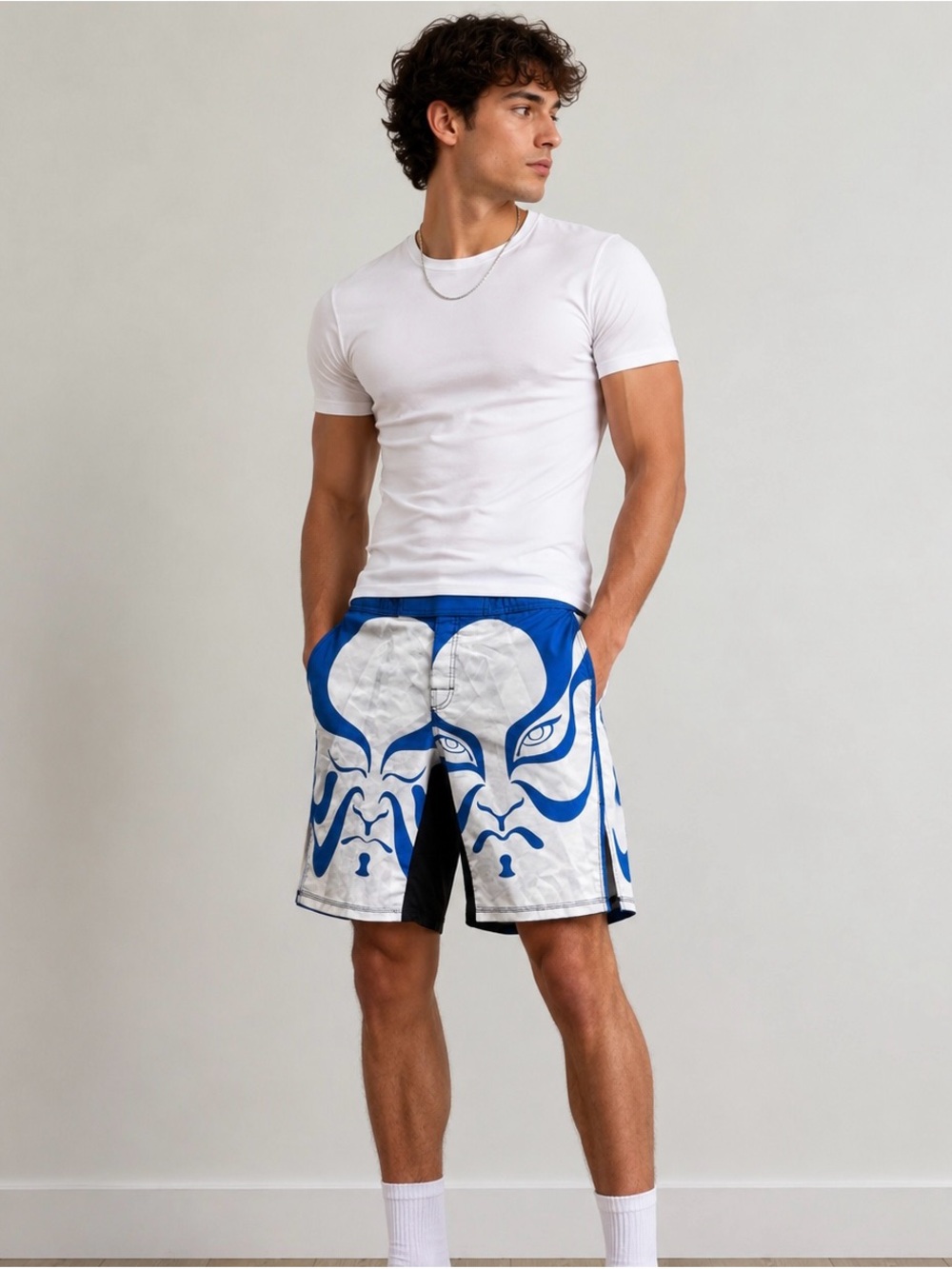 Blue and White Graphic Fight Shorts